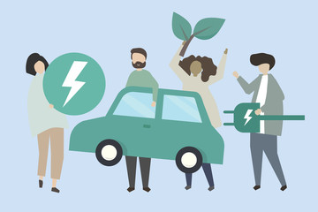 People with an electric car illustration