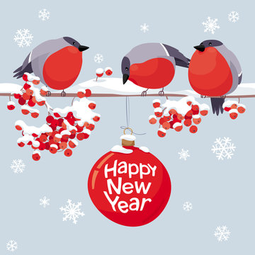 Vector bullfinches and rowan Christmas and New Year image