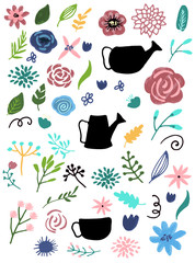 Flower graphic design. Vector set of floral elements with hand drawn flowers.