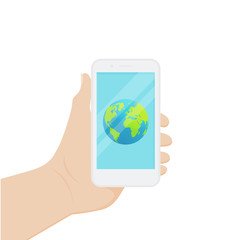 flat style smart phone design. a hand holding a smart phone with a display of the globe in it. vector illustration