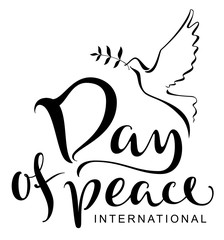 International Day of Peace text. Silhouette of pigeon holding an olive branch