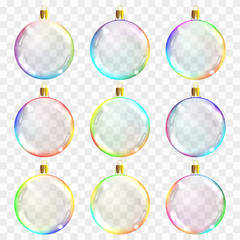 Obraz premium Template of glass transparent Christmas balls. Stocking element christmas decorations. Transparent vector objects for design, mock-up. Shiny toys with colored glow. Isolated objects. Vector
