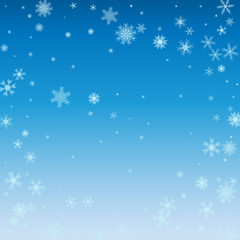 Winter blue sky with falling snow, snowflake. Holiday Winter background for Merry Christmas and Happy New Year. Vector illustration