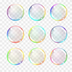 Set of multicolored transparent glass spheres. Transparency only in vector format. Can be used with any background. Realistic vector illustration.