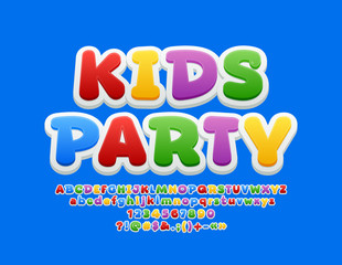 Vector Bright Emblem Kids Party. Colourful Funny Font. Playful Alphabet Letters, Numbers and Symbols for Children.