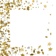 3d gold frame or border of random scatter golden stars on white background. Design element for festive banner, birthday and greeting card, postcard, wedding invitation. Vector illustration