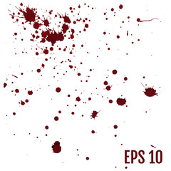 Set of realistic bloody splatters. Drop and blob of blood. Bloodstains. Isolated. Vector illustration isolated on white background. Red puddles. All elements are not grouped. Vector illustration.