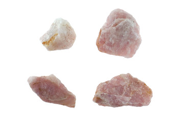 Pink quartz.  stone pink quartz set isolated on white background. quartz mineral stone