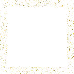 Golden splash or glittering spangles square frame with empty center for text. Golden glittering rectangle made of tiny uneven round dots on white background. Vector illustration.