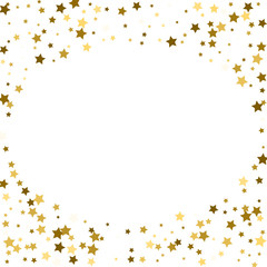 Round gold frame or border of random scatter golden stars on white background. Design element for festive banner, birthday and greeting card, postcard, wedding invitation. Vector illustration