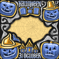 Vector poster for Halloween holiday, blue carved pumpkins, moon and bat above tombstones, original typeface for words halloween 31 october, placard with spooky Jack o Lanterns and cobweb background.