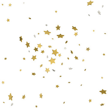 Gold flying stars confetti magic christmas frame vector, premium sparkles stardust border background. Holiday party decor, Christmas stars background vector, flying gold sparkles confetti on white.
