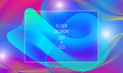 Template for flyer abstract backdrop generation. Vector vibrant background with floating liquid translucent shape and colorful guilloche elements.