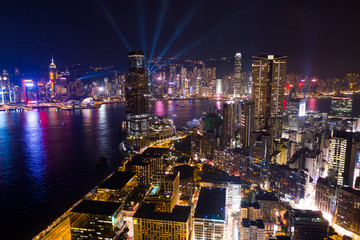 Drone fly over Hong Kong kowloon peninsula with night show