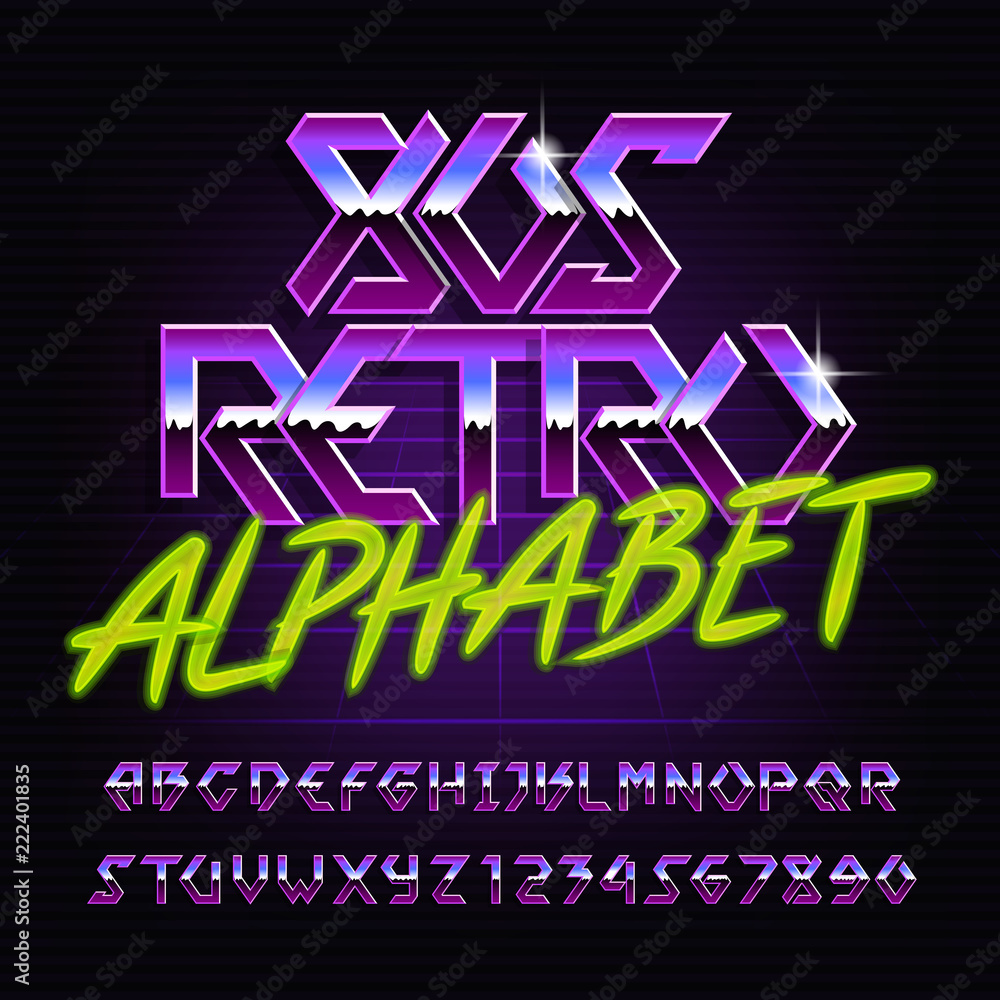 Fototapete 80s retro metal alphabet font. chrome effect colorful shiny letters and numbers. stock vector typefa