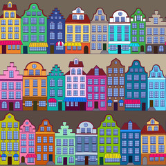 Seamless pattern with townhouses in european style. Colorful hand drawn houses. Endless background.