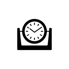 Vector illustration of modern desk timepiece. Flat icon of round clock with clock hands. Isolated on white background.