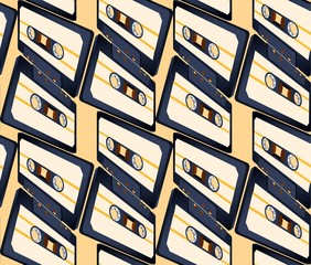 Compact cassette seamless pattern with floating or flying tape in perspective view