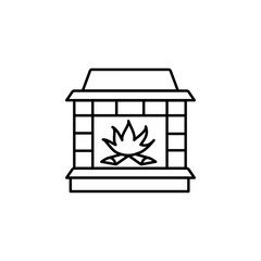 Vector illustration of wood burning fireplace. Line icon of stone stove. Isolated on white background.