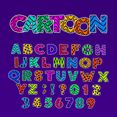 Cartoon alphabet font. Kids funny colorful ornate letters, numbers and symbols. Stock vector typeface.