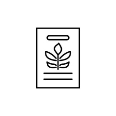 Black & white vector illustration of seed pack of green foliage houseplant. Line icon of home plant seeds in paper packet with floral ornament from leaves. Isolated on white background.