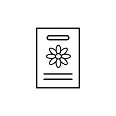 Black & white vector illustration of seed pack of flowering houseplant. Line icon of home plant seeds in paper packet with floral ornament. Isolated on white background.