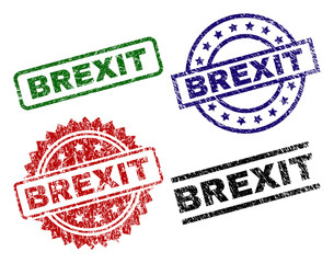 BREXIT seal prints with damaged texture. Black, green,red,blue vector rubber prints of BREXIT title with corroded texture. Rubber seals with circle, rectangle, rosette shapes.