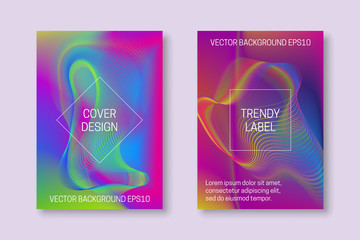 Vector vibrant colored cover templates with iridescent guilloche elements. Trendy colorful brochures or labels backgrounds.