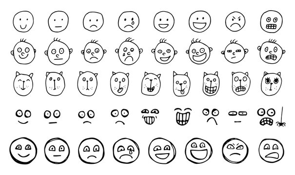 Set of Hand Drawn Creative Vector Emoticons or Sketched Human and Animal Smiles