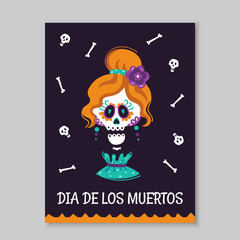 The festive poster for the Mexican day of the dead Dia de los Muertos with a hand-painted skull. Unique art for t-shirts, fashion design, gift products.