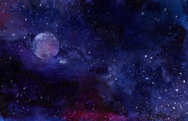 Abstract watercolor space background. Galaxy and planet