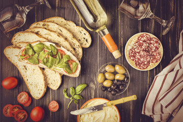 Wine snack set. wine, gourmet, food, appetizer, italian, snack, wooden, dinner, drink, glass, meal,