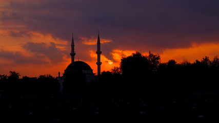 red sunset over the mosque