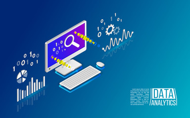 Analytics information on Computer. Big data analysis tools. Isometric design modern vector illustration.
