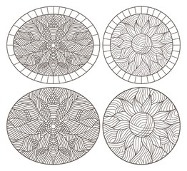 Set of contour illustrations of stained glass Windows with abstract colors, round images, dark outlines on white background