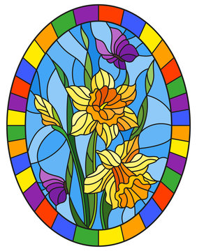 Illustration in stained glass style with a bouquet of yellow daffodils and blue butterflies on a blue background in bright frame
