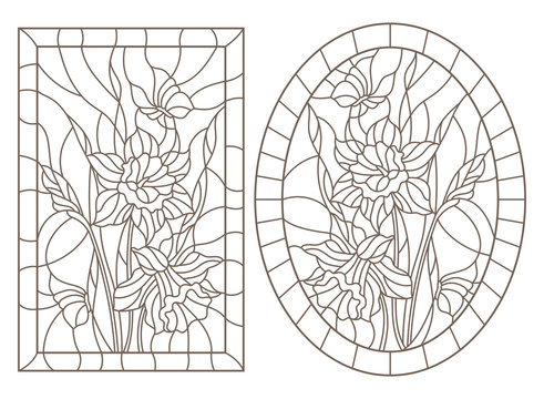 Set of contour illustrations of stained glass Windows with daffodils and butterflies flowers, round and rectangular image, dark contours on a white background
