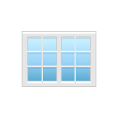 Vector illustration of vinyl casement or sash french window. Flat icon of traditional aluminum window with horizontal & vertical bars. Isolated on white background.