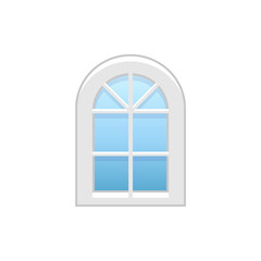 Vector illustration of arc vinyl casement window. Flat icon of traditional aluminum arched window with decorative bars. Isolated object on white background.