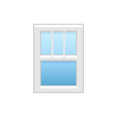 Vector illustration of vinyl single-hung window. Flat icon of traditional aluminum sash window with vertical bars on top panel. Isolated on white background.