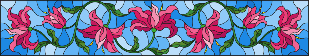 llustration in stained glass style with flowers, leaves and buds of pink lilies on a blue background