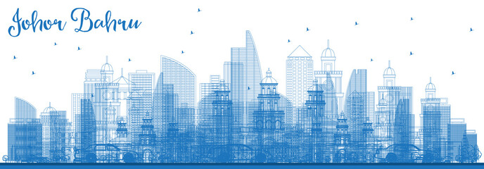 Obraz premium Outline Johor Bahru Malaysia Skyline with Blue Buildings.