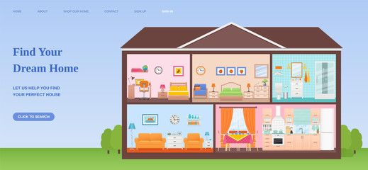 Find dream home web page design templates. Vector. House cross section with rooms Interiors horizontal banner. Illustration concept for website, mobile website, slide, site, infographic in flat style.