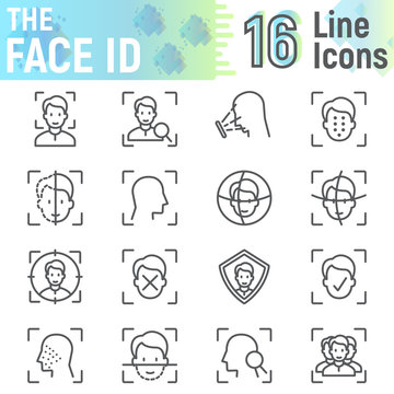 Face ID line icon set, face recognition symbols collection, vector sketches, logo illustrations, face scan signs linear pictograms package isolated on white background, eps 10.