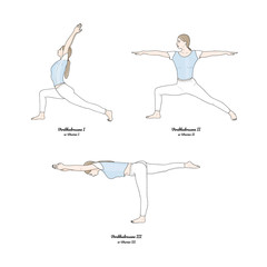 Set of Virabhadrasana I, II, III (Warrior I, II, III). Vector.