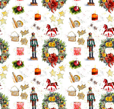 Christmas and new year. Seamless illustration. Watercolor hand drawn illustration