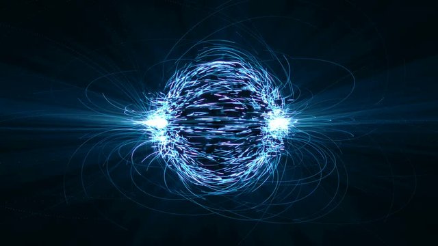 Blue abstract fractal atom or neuralink animation on black background.