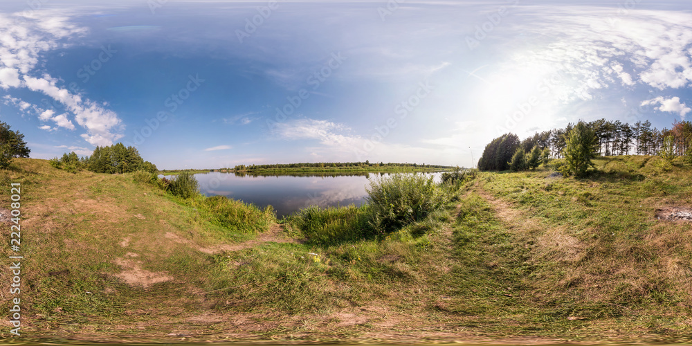 Wall mural full seamless spherical panorama 360 by 180 angle view on the shore of width river neman in sunny su