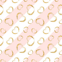 Gold heart seamless pattern. Pink-white geometric stripes, golden grunge confetti-hearts. Symbol of love, Valentine day holiday. Design wallpaper, background, fabric texture. Vector illustration