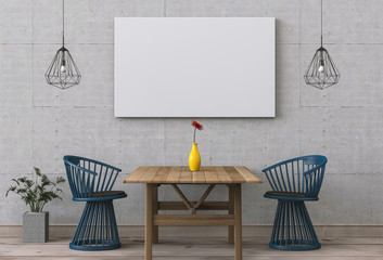 Mockup blank poster on a wall. interior modern room of Minimal style dining room. 3d render